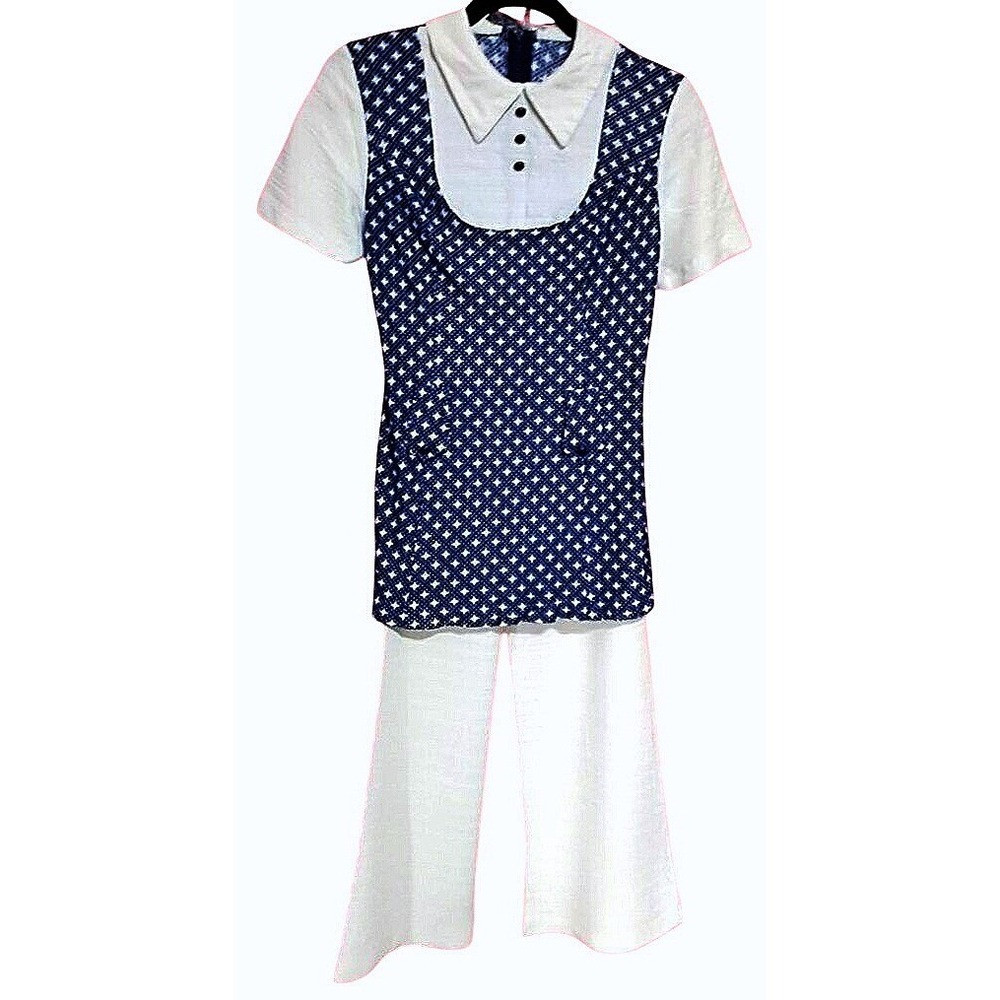 Retro Vintage 70s Geometric‎ Star Tunic Pant Set Womens Small Navy White Mod